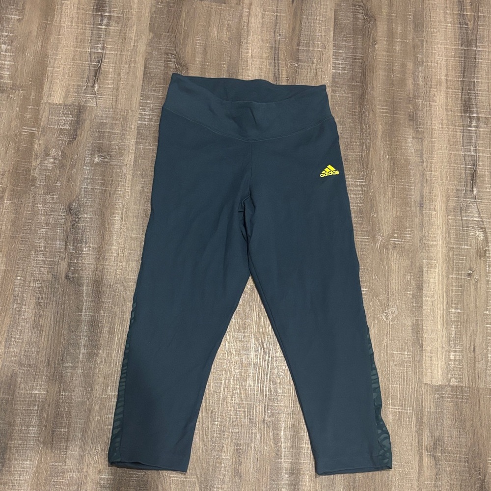 Adidas Women's Dark Teal Cropped Pants with Yellow Accent
